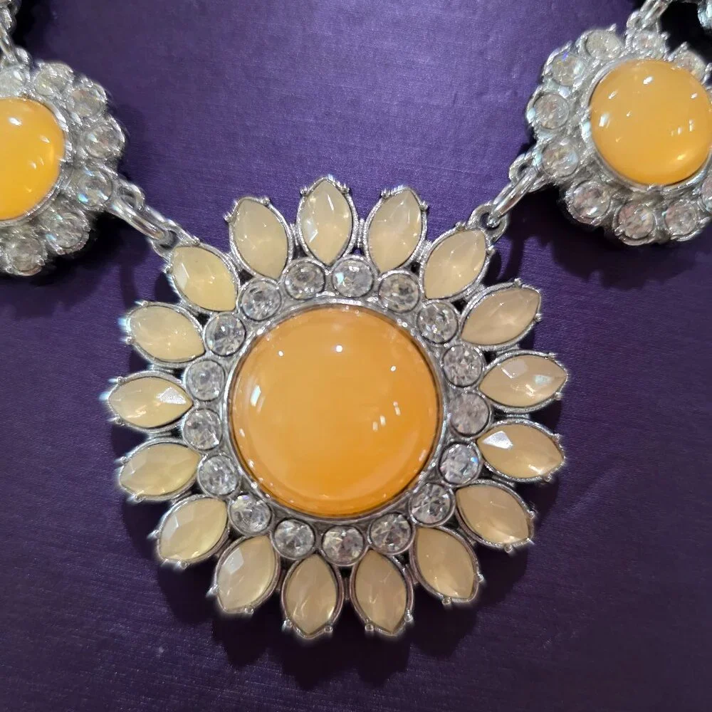 CHRISTINA'S JOY Rhinestone Sunflower Flower Floral Statement Runway Necklace